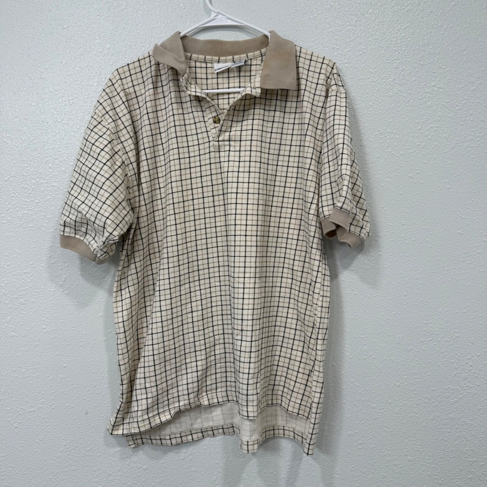 Cherokee Mens Cream Tan Grid Plaid Cotton Short Sleeve Polo Shirt Medium QC17